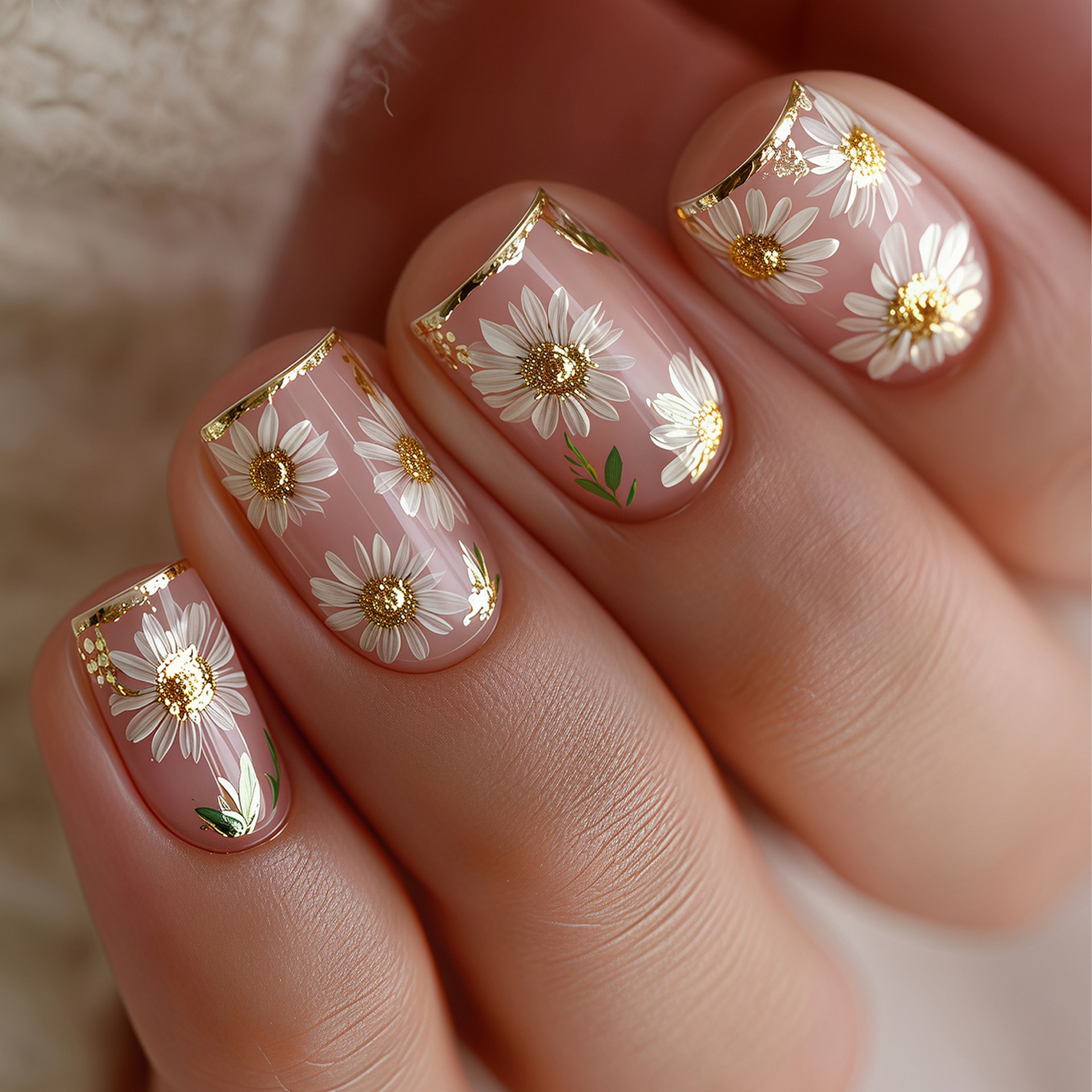 Pressed Flower Art - Short Square fake nails golden white