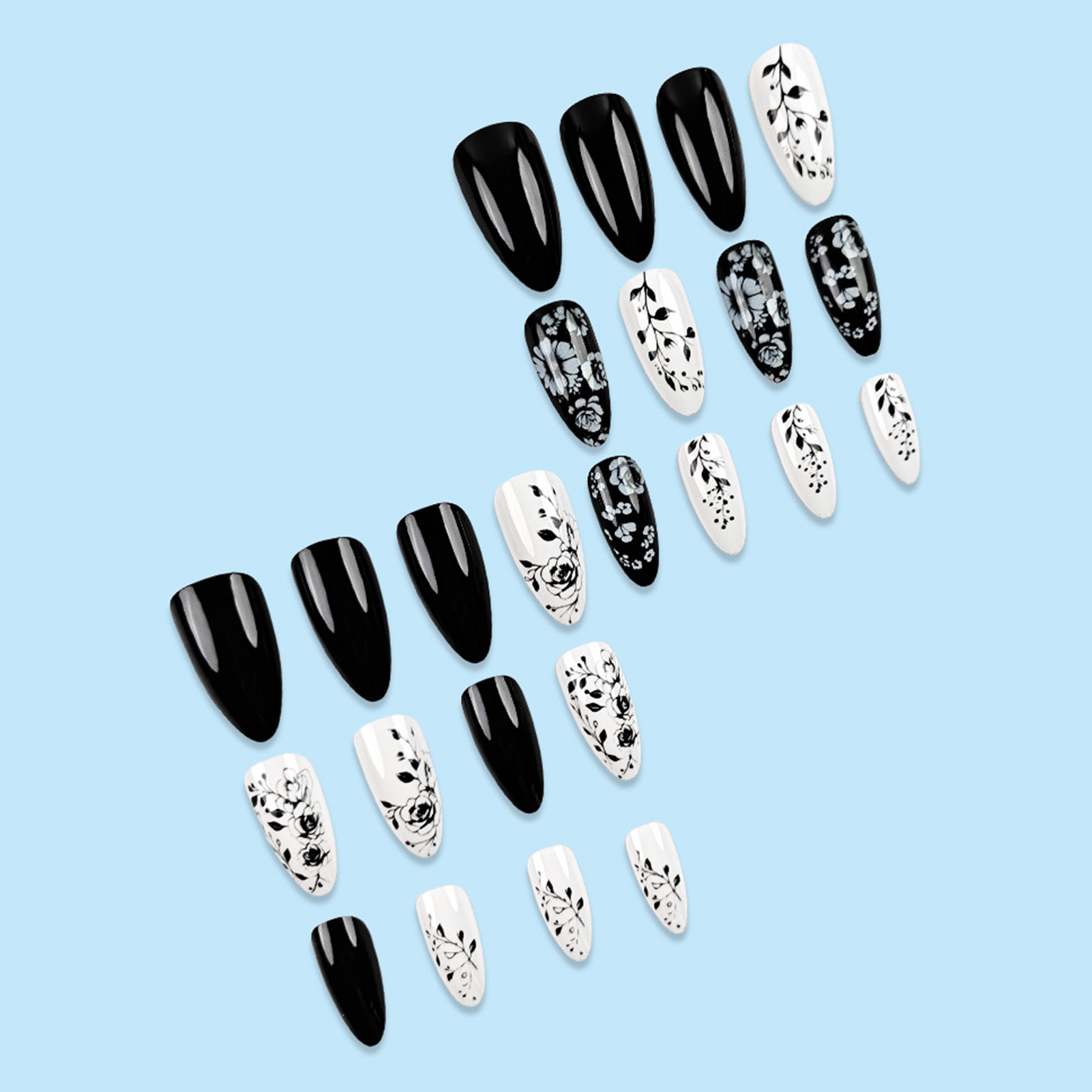 24Pcs Almond Fake Nails Black/ - مراجعة Pressed Flower Art وسعره