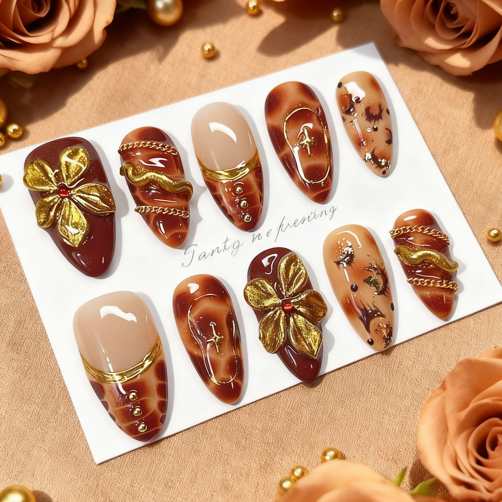 24pcs Flower False Nails Brown - مراجعة Pressed Flower Art وسعره